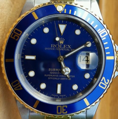 ROLEX SUBMARINER TWO TONE GOLD STAINLESS STEEL BLUE ON BLUE DIVER WATCH 16613