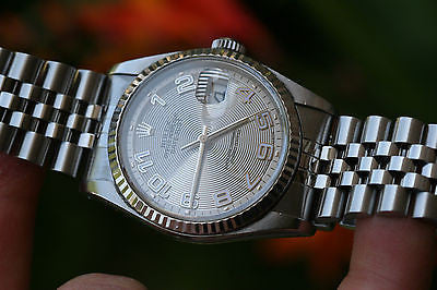 ROLEX MENS DATEJUST STAINLESS 16234 SILVER CONCENTRIC DIAL BLUE