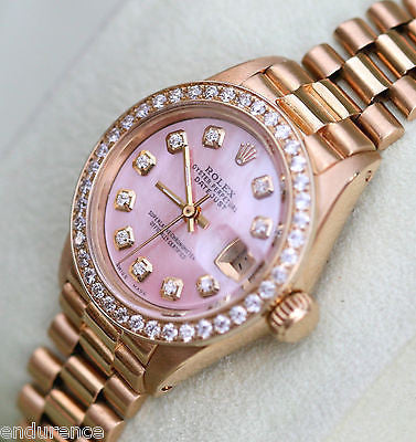 ROLEX LADIES 18K PRESIDENT DATEJUST MOTHER OF PEARL PINK DIAMONDS