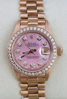 ROLEX LADIES 18K PRESIDENT DATEJUST MOTHER OF PEARL PINK DIAMONDS