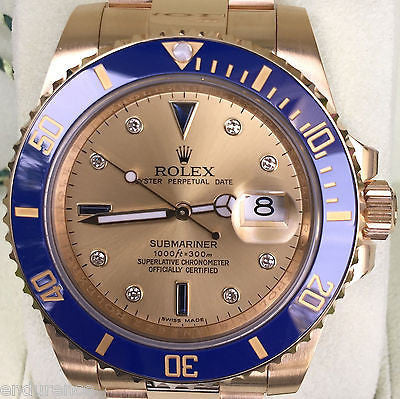 Ugle oplukker stor ROLEX SUBMARINER 18K GOLD BLUE BEZEL GOLD SERTI DIAL BLUE SAPPHIRES 11 –  Anaheim Jewelry