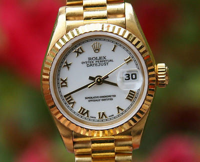 ROLEX PRESIDENT LADIES 26mm 18K YELLOW GOLD 69178 WHITE ROMAN DIAL USED