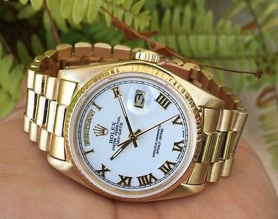 ROLEX PRESIDENT MENS LADIES 18238 36MM 18K YELLOW GOLD WHITE BIG BOLD ROMAN DIAL