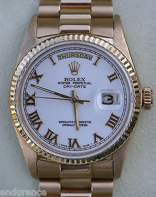 ROLEX PRESIDENT MENS 18K GOLD MODEL 18038 WHITE DIAL GOLD ROMAN NUMERALS