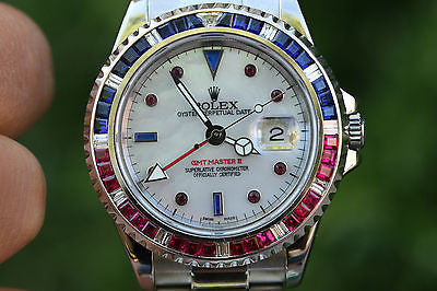 ROLEX GMT MASTER II STEEL 40mm PEPSI 16710 DIAMOND SAPPHIRE RUBY MofPEARL