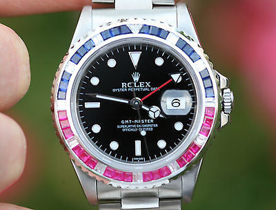 ROLEX WATCH MENS 40mm STAINLESS STEEL GMT MASTER PEPSI DIAMOND SAPPHIRE BEZEL