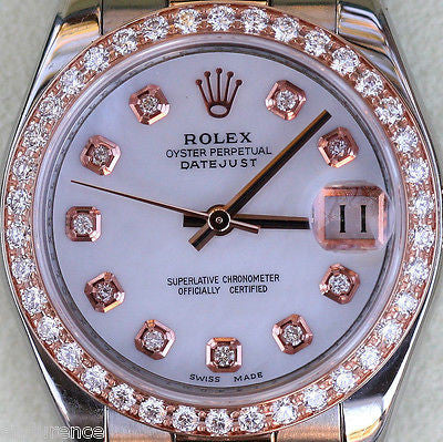 ROLEX DATEJUST LADIES MIDSIZE TWO TONE 18K ROSE GOLD DIAMOND MOTHER-OF-PEARL