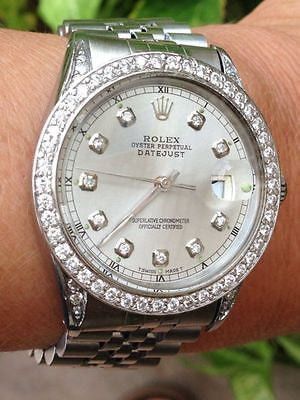 ROLEX WATCH MENS DATEJUST 36mm STAINLESS STEEL DIAMOND DIAL BEZEL