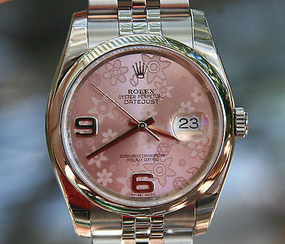 ROLEX MENS LADIES FULL 36mm DATEJUST STAINLESS STEEL pink FLORAL