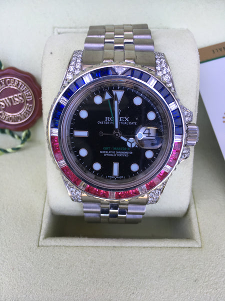 Rolex GMT Master II Steel 40mm Diamond Ruby Sapphire Bezel Jubilee Band 116710