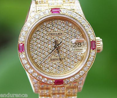 ROLEX PRESIDENT LADIES 18K YELLOW GOLD WATCH PAVE DIAMOND RUBY BOXES 6 Anaheim Jewelry