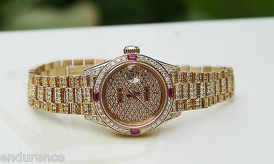 ROLEX PRESIDENT LADIES 18K YELLOW GOLD WATCH PAVE DIAMOND 