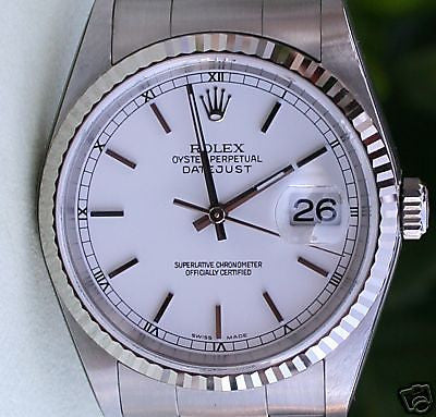 ROLEX DATEJUST MENS STAINLESS STEEL WHITE GOLD BEZEL WHITE DIAL