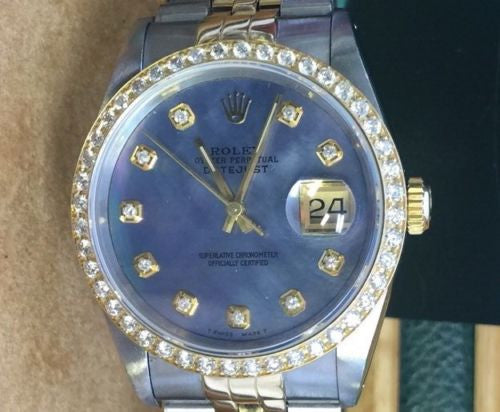 ROLEX LADIES MENS 36mm DATEJUST DIAMOND BEZEL BLUE MOTHER Of PEARL DIAL 2tone