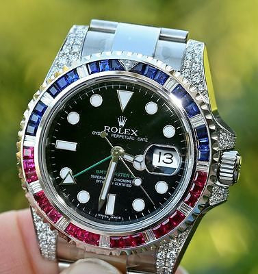 ROLEX MENS STEEL GMT II DIAMOND RUBY 116710 w/ BEZEL for 18K WHITE GOLD 116759