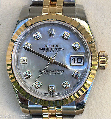 ROLEX LADIES DATEJUST TWO TONE FACTORY MOTHER OF PEARL DIAMONDS DIAL 179173