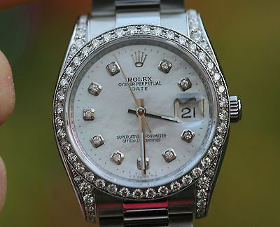 ROLEX WATCH WOMENS MENS 34mm STAINLESS STEEL DATE - DIAMOND DIAL DIAMOND BEZEL