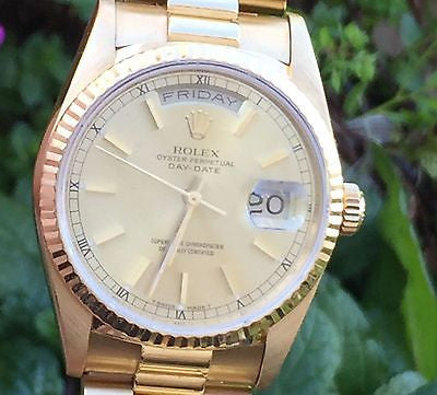 ROLEX MENS LADIES 36mm PRESIDENT WATCH 18K YELLOW GOLD 18238 DAY DATE BOX PAPERS