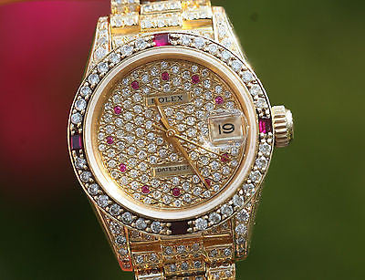 ROLEX LADIES 18K YELLOW GOLD 69178 PRESIDENT RUBY DIAMOND DIAL BEZEL BAND LUGS