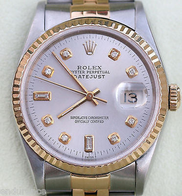 ROLEX DATEJUST TWO TONE 18K GOLD STAINLESS STEEL WATCH SILVER DIAMOND DIAL 16233