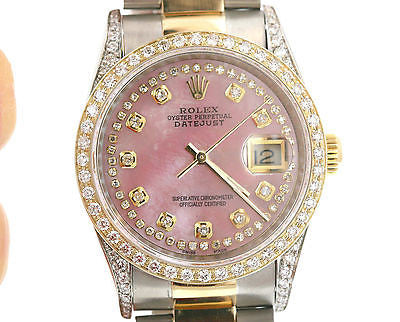 ROLEX MENS 16233 DATEJUST 18K GOLD STAINLESS STEEL DIAMOND PINK MOTHER OF PEARL
