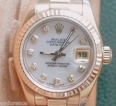 ROLEX PRESIDENT LADIES 18K GOLD MOTHER OF PEARL WHITE DIAMOND DIAL MODEL 179178