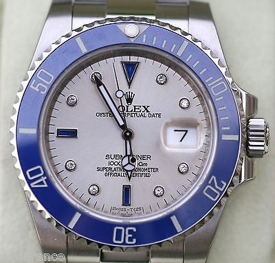 ROLEX SUBMARINER MENS STAINLESS SILVER DIAL DIAMONDS SAPPHIRES 116610 BRAND NEW