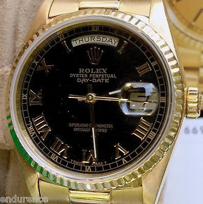 ROLEX PRESIDENT MENS LADIES 18238 36MM 18K GOLD BLACK ROMAN DIAL BOX PAPERS