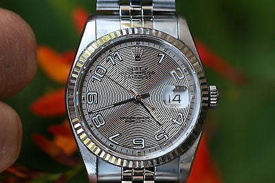 ROLEX MENS DATEJUST STAINLESS 16234 SILVER CONCENTRIC DIAL BLUE ARABIC NUMERALS
