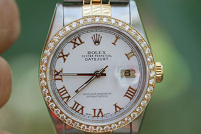 ROLEX MENS DATEJUST 2TONE 18K YELLOW GOLD STEEL WHITE ROMAN 16233 DIAMOND BEZEL