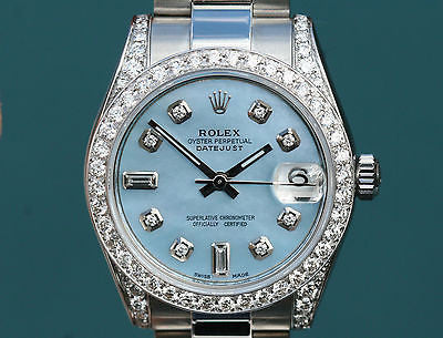 ROLEX WATCH DATEJUST MIDSIZE LADIES 178240 BLUE MOP DIAMOND DIAL BEZEL LUGS