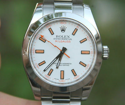ROLEX MENS MILGAUSS STEEL 116400 40mm WHITE ORANGE DIAL OYSTER BAND PERFECT!
