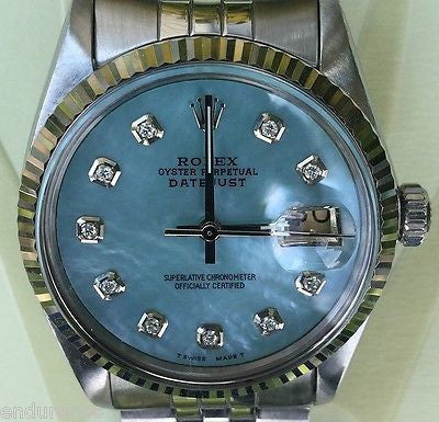 ROLEX DATEJUST MENS STEEL WATCH CAROLINA BLUE MOTHER OF PEARL DIAMOND DIAL 16014