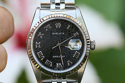 ROLEX MENS FULL SIZE 36mm DATEJUST STAINLESS STEEL 18K WHITE GOLD BEZEL 16234