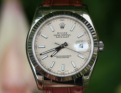 ROLEX MENS LADIES DATEJUST 18K WHITE GOLD 116139 LEATHER BAND DEPLOYMENT