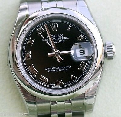 ROLEX DATEJUST LADIES 179160 STAINLESS STEEL JUBILEE BAND WITH BLACK ROMAN DIAL