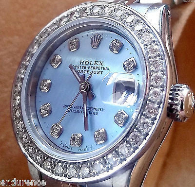 ROLEX  DATEJUST LADIES STEEL DIAMONDS BLUE MOTHER OF PEARL DIAL DIAMOND BEZEL