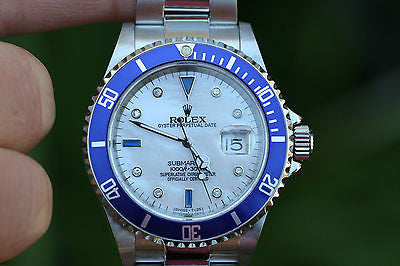 ROLEX MENS STAINLESS STEEL SUBMARINER WHITE MOP diamond sapphire DIAL 16610