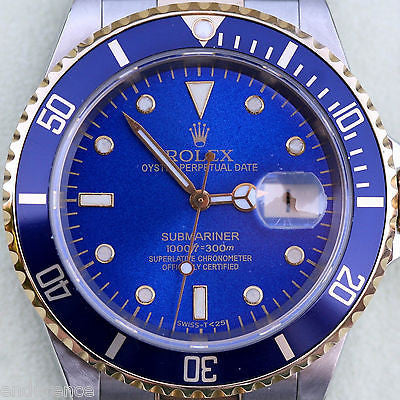 ROLEX SUBMARINER TWO TONE GOLD STAINLESS STEEL BLUE ON BLUE WATCH 16613