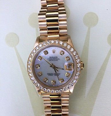 ROLEX MIDSIZE LADIES 31mm 18k YELLOW GOLD PRESIDENT 68278 DIAMOND BEZEL DIAL MoP