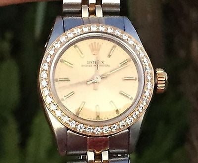 ROLEX WATCH LADIES 26mm 6917 GOLD DIAL DIAMOND BEZEL Oyster Perpetual