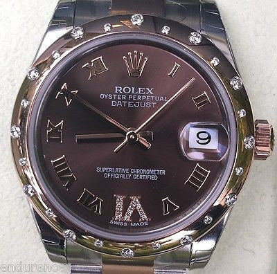 ROLEX DATEJUST LADIES MIDSIZE TWO TONE DIAMOND DOMED BEZEL CHOCOLATE DIAL 178341