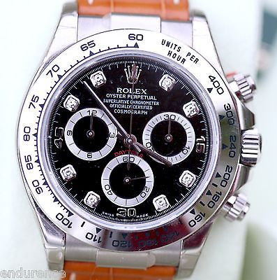 ROLEX DAYTONA 18k WHITE GOLD BLACK DIAMOND DIAL TAN LEATHER STRAP 116519 WATCH