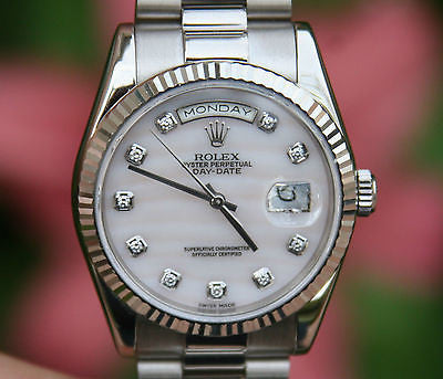 ROLEX MENS 18K WHITE GOLD PRESIDENT 118239 ALL DIAMOND MOTHER of PEARL