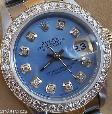 ROLEX DATEJUST TWO TONE MOTHER OF PEARL BLUE DIAMONDS DIAL BEZEL MODEL 69173