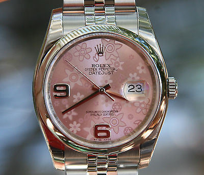 ROLEX MENS LADIES FULL 36mm DATEJUST STAINLESS STEEL pink FLORAL 116200