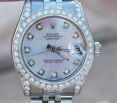 ROLEX DATEJUST MIDSIZE 178240 WHITE MOTHER OF PEARL DIAMOND DIAL BEZEL AND LUGS