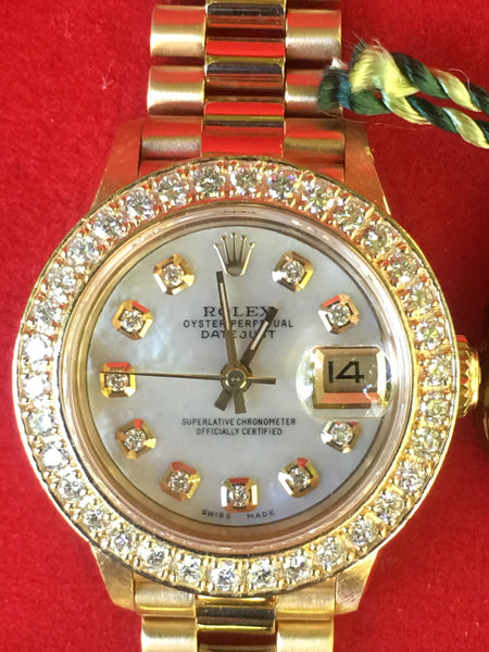 Rolex 26mm Datejust 18k Gold Ladies President White MOP Diamond Dial Bezel 69178