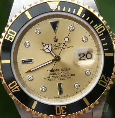 ROLEX 18K GOLD STEEL SUBMARINER 16613 WITH GOLD DIAMOND  & SAPPHIRE DIAL