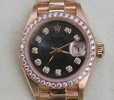 ROLEX PRESIDENT LADIES WOMENS 18K GOLD WATCH DIAMONDS BLACK MOTHER OF PEARL